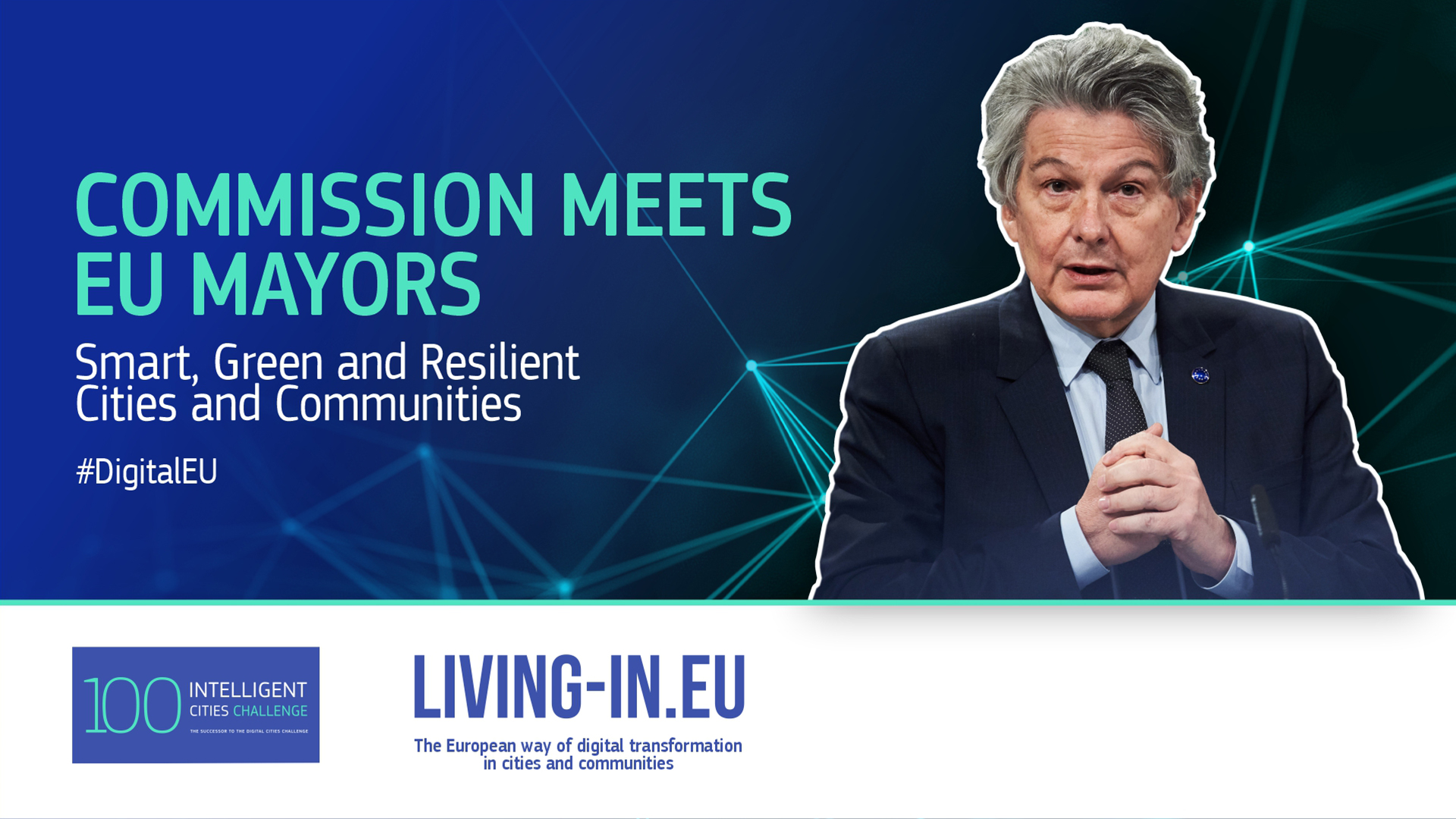 Banner for event with Commissioner Thierry Breton on dialogue with EU Mayors