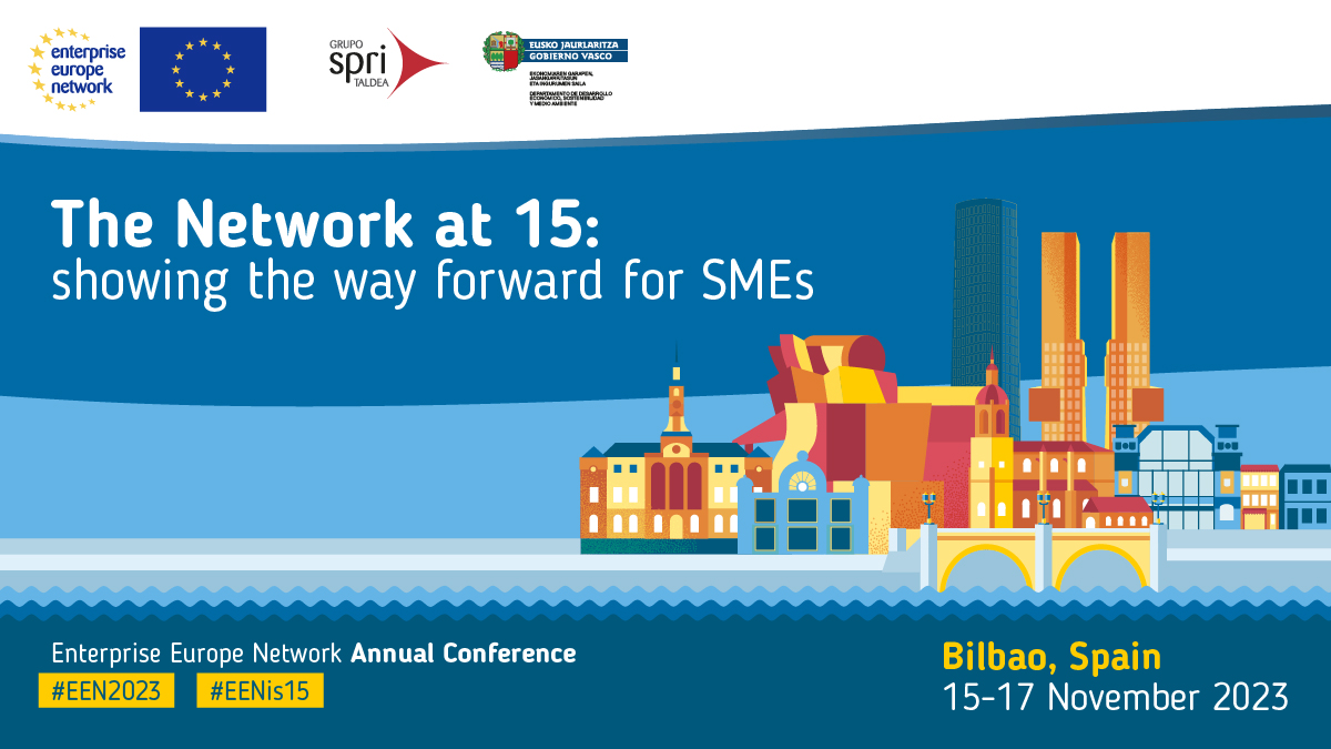 European SME Week 2023 Bilbao banner with text "The Network at 15: Showing the way forward for SMEs. Enterprise Europe Network Annual Conference"