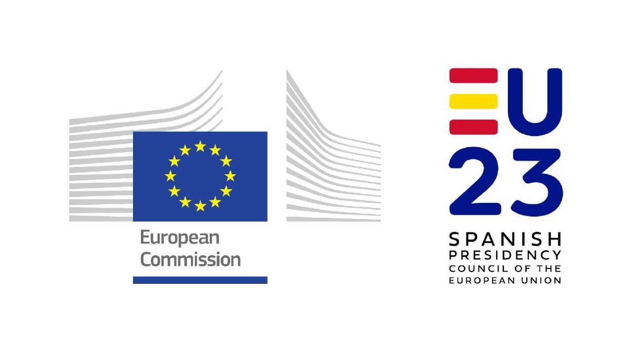 The European Commission logo on the left and the Spanish Council presidency on the right