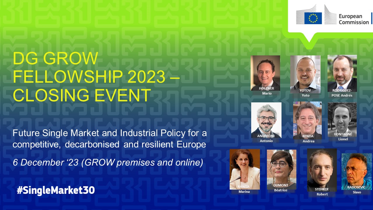 Slide titled 'DG GROW Fellowship 2023 - Closing Event, featuring pictures of speakers