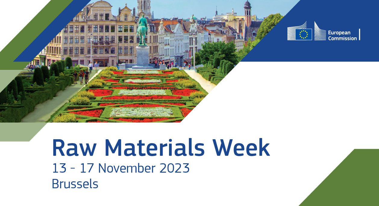 Banner for Raw Materials Week 2023 with withe background and blue and green panes, skyline of Brussels Mont des Arts