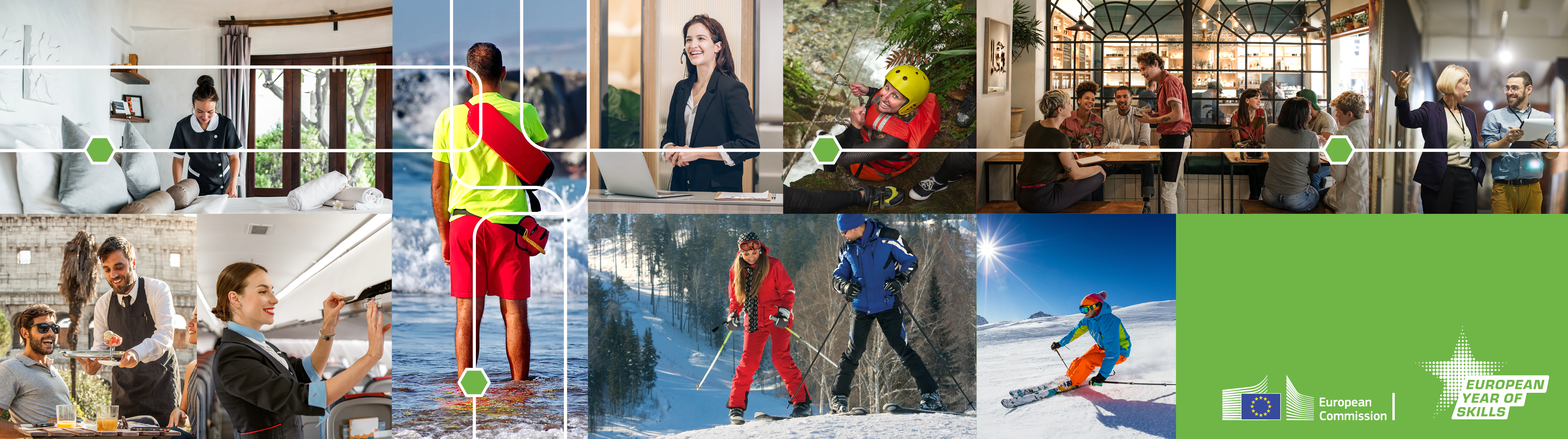 Photographs of people working in a hotel, restaurant and cafe, as an air hostess and a ski instructor. The logos for "European Commission" and "European Year of Skills" appear. 