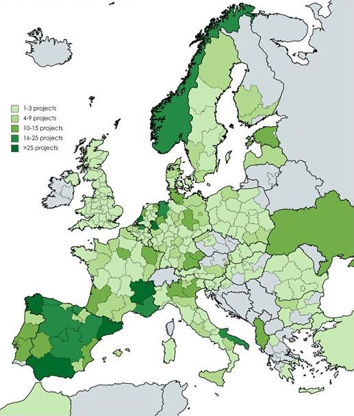 Map showing number of projects based in different EU countries
