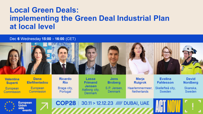 Banner for EU at COP 28 side event: Local Green Deals: implementing the Green Deal Industrial Plan at local level
