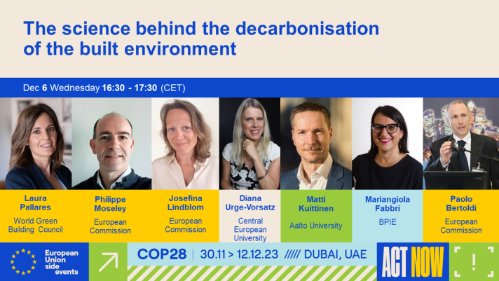 Banner for EU at COP 28 side event: The science behind the decarbonisation of the built environment