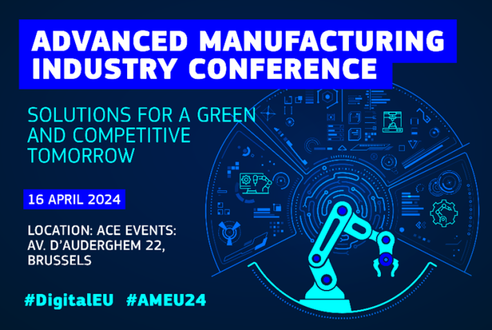 A robot arm used in factories. The hashtags #DigitalEU and #AMEU24 appear