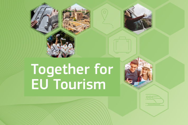 The title "Together for EU Tourism" appears. There are also photographs of someone using braille to read information about an historical landmark, a traditional dance being performed, a square in Rome, 2 tourists on holiday and someone sitting in a car travelling through the mountains.