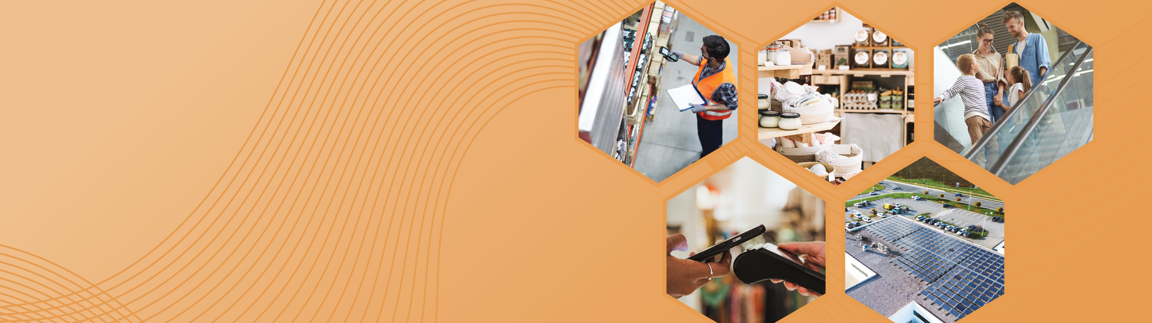 Retail transition pathway carousel banner with orange background and five images of retail situations in hexagonal shapes to the right