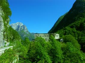 Building covered with vegetation, mountains in the background