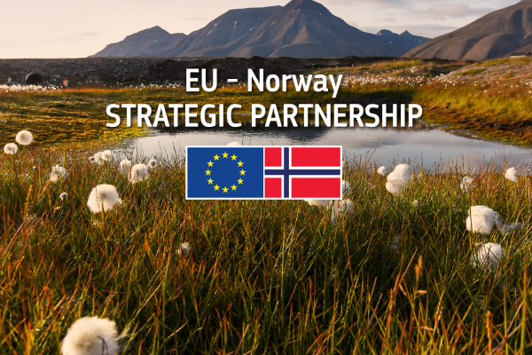 The text "EU - Norway Strategic Partnership" appears. A field with flowers and a small lake can be seen. There are mountains in the background.